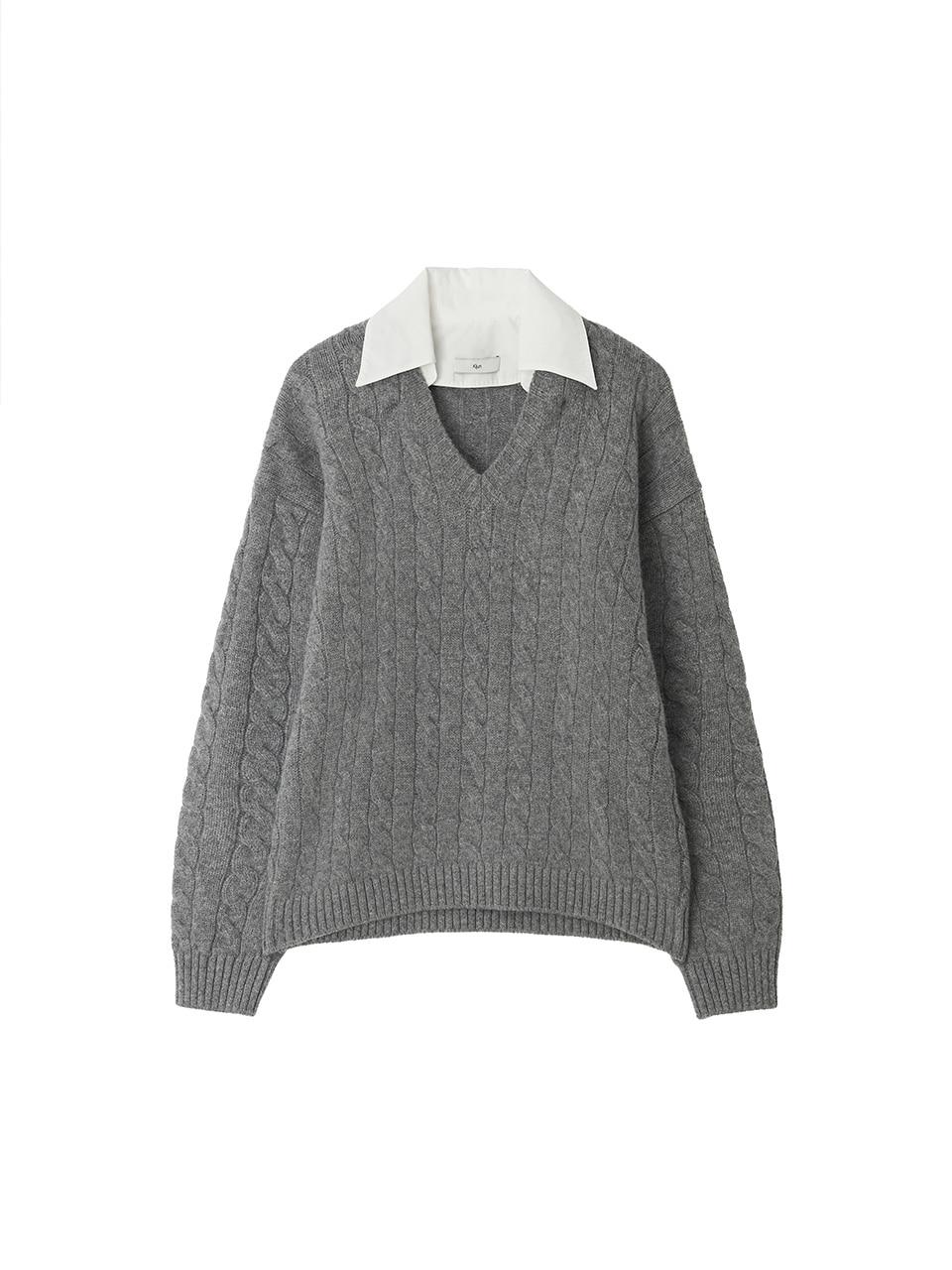 Shirt Collar V-Neck Knit Melange Grey