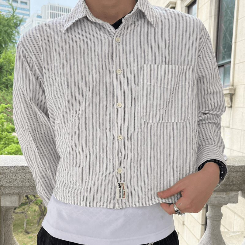 넥타이 스트랩 크롭 스트라이프 셔츠