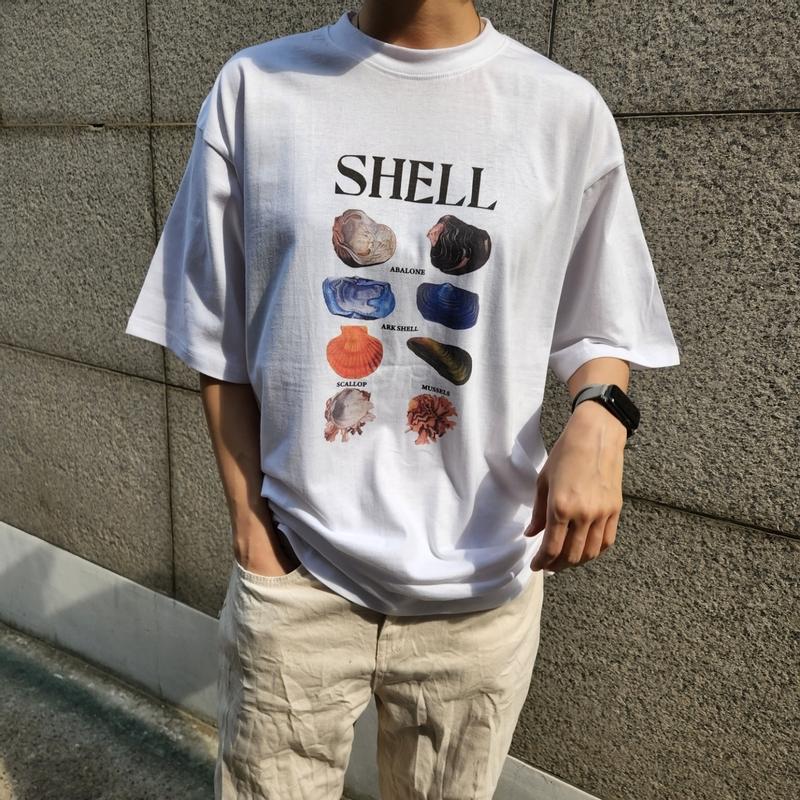 조개 프린트 숏슬리브 화이트 티셔츠