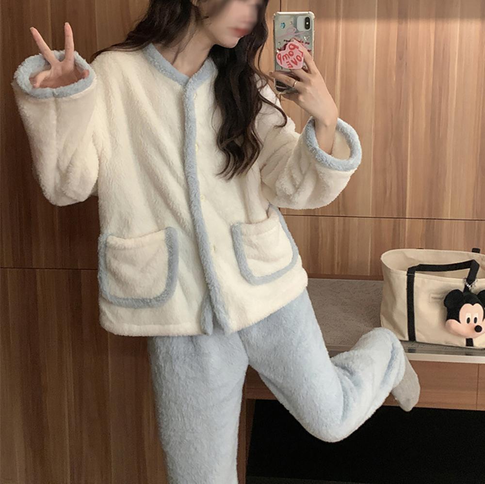 티티리 겨울 브이넥 블루 라인 가디건 여성 마약 수면 바지 기모 우정 파자마 극세사 잠옷