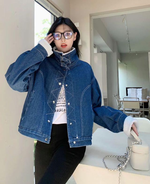 뽀글이 배색 데님 라이더 자켓