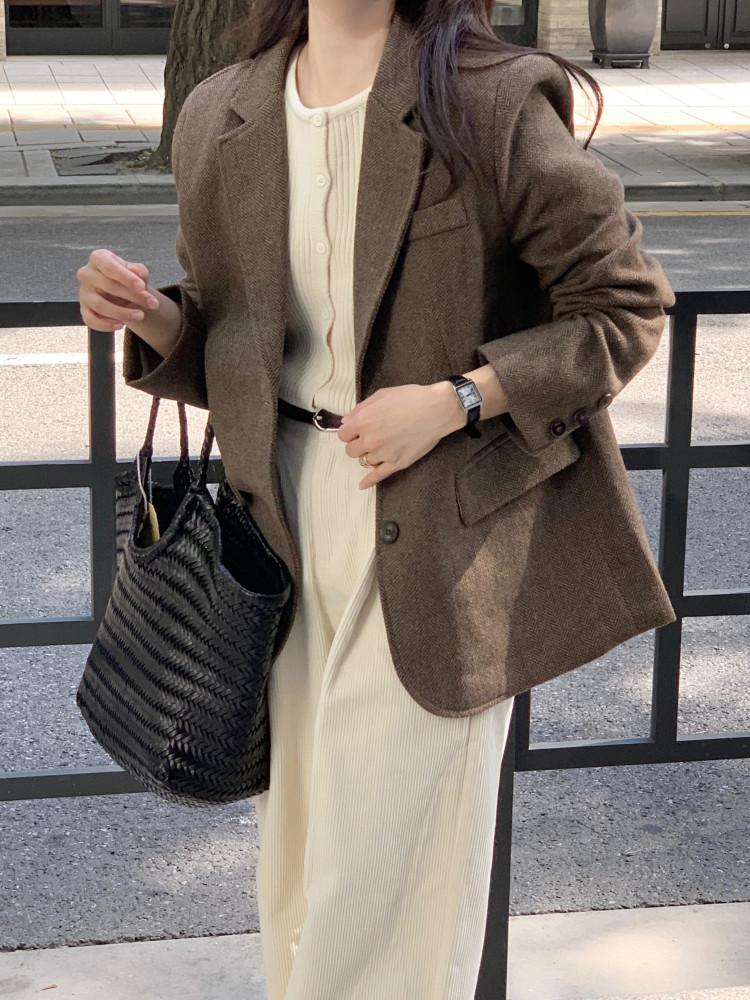 가을 겨울 울 헤링본 자켓