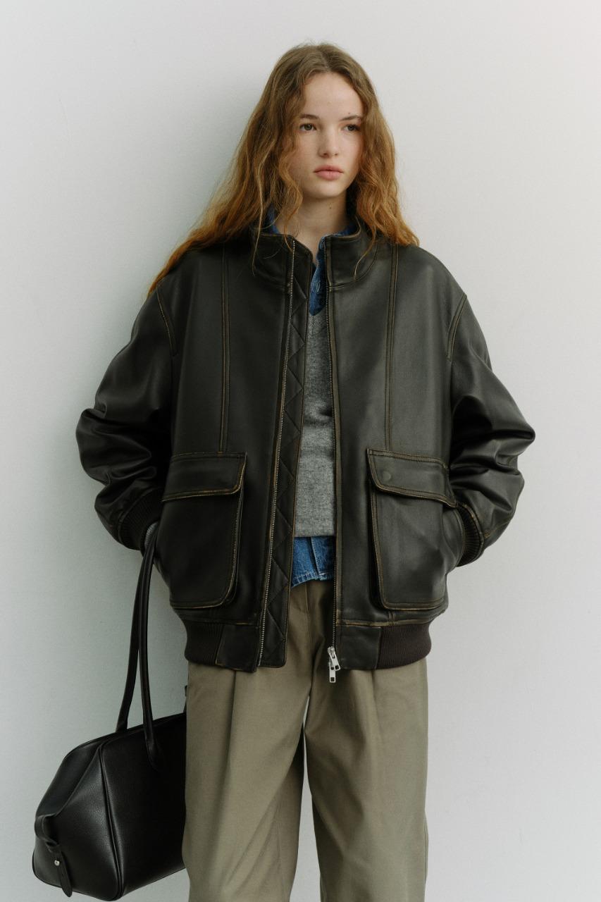 UNISEX STAND COLLARED LEATHER BLOUSON BRUSHED BLACK