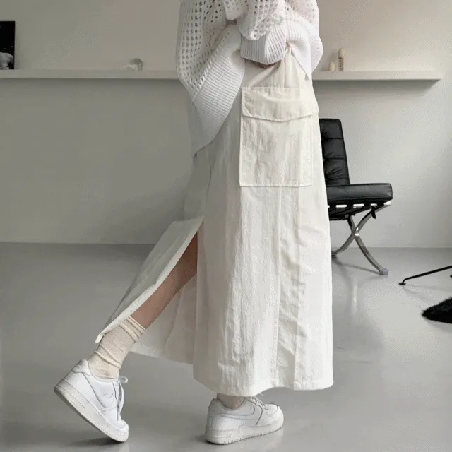 주문폭주* (허리밴딩) 스카 바스락 포켓 카고 롱 트임 스커트 [3color]
