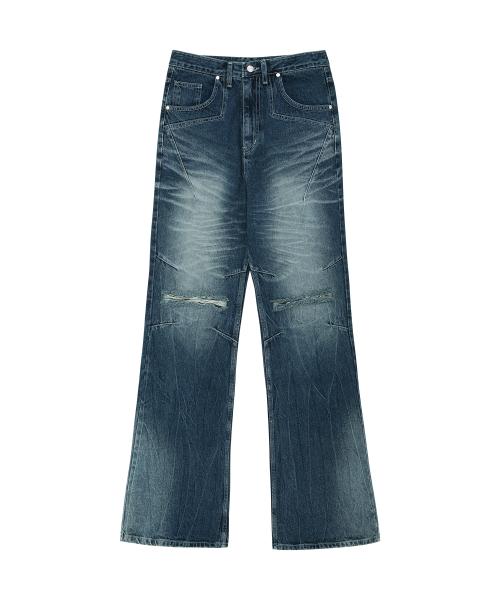 워싱 오버핏 플레어 데님 팬츠 - 딥블루