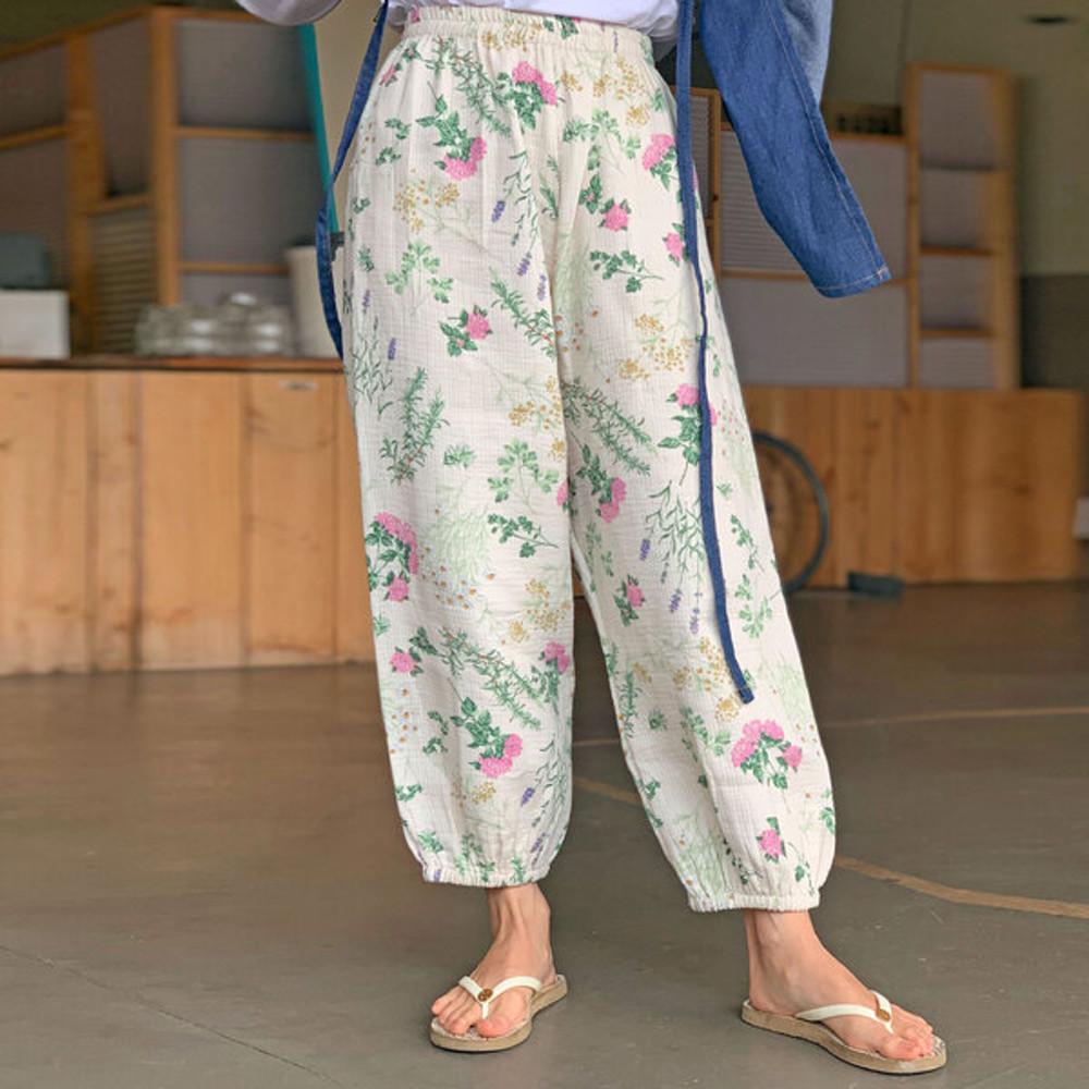 도민 제주 여자 데일리 실내복 꽃무늬 고쟁이 밴딩 항아리 몸빼 조거 팬츠 바지