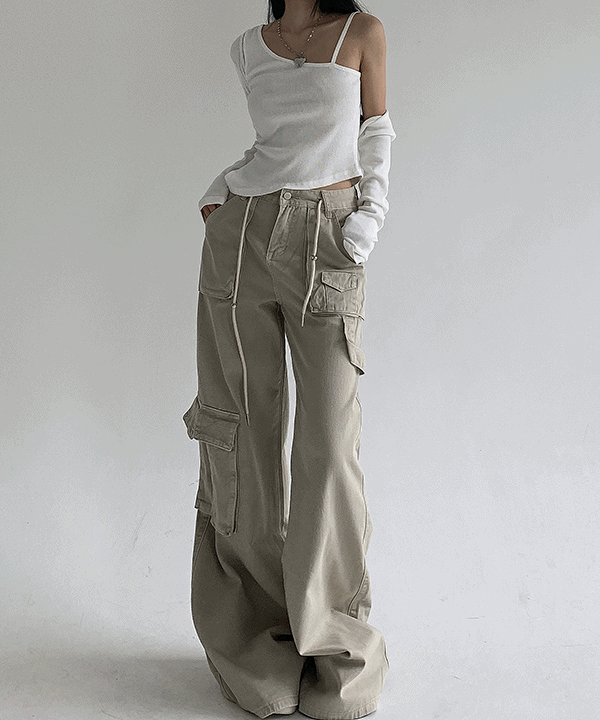 모드 코튼 유니크 로우라이즈 y2k 여름 스트링 와이드 카고 팬츠(그레이,베이지)