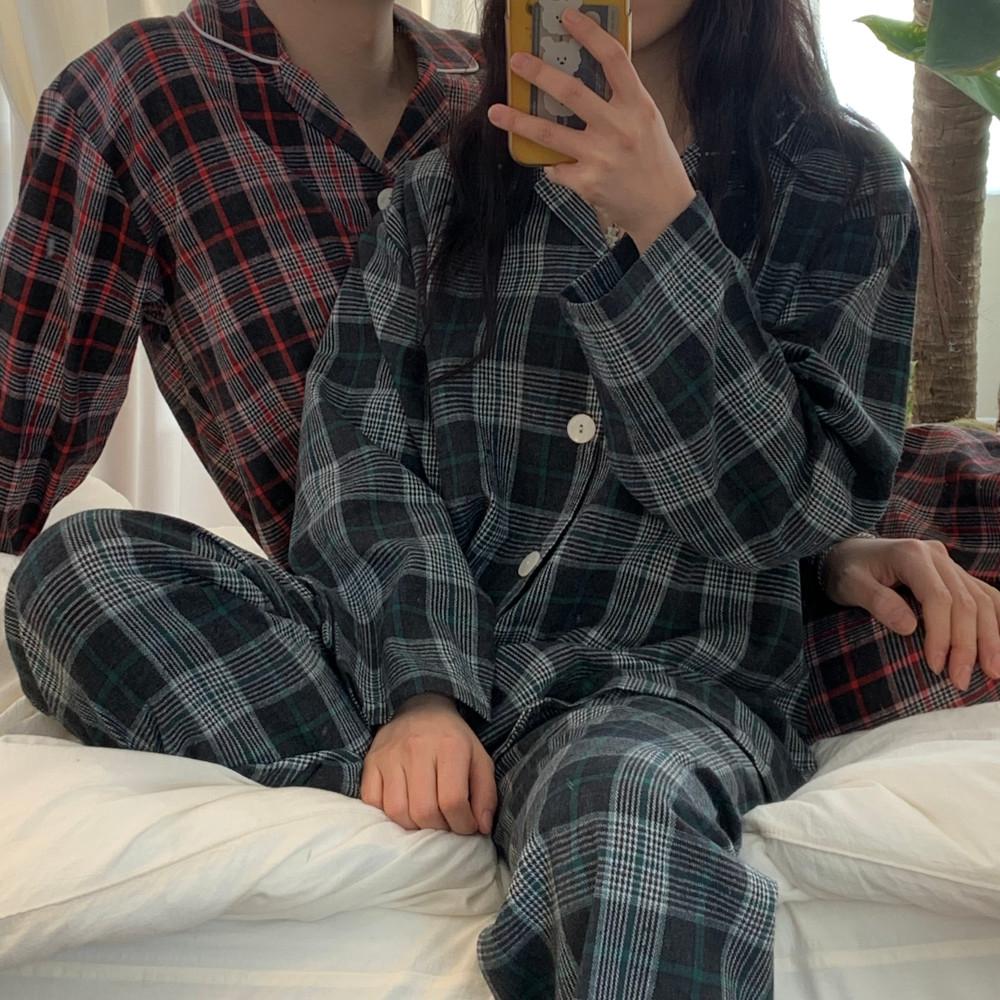국산 포근 기모 면 체크 긴팔 긴바지 여성 빅사이즈 큰 잠옷세트 홈웨어 커플 신혼 파자마