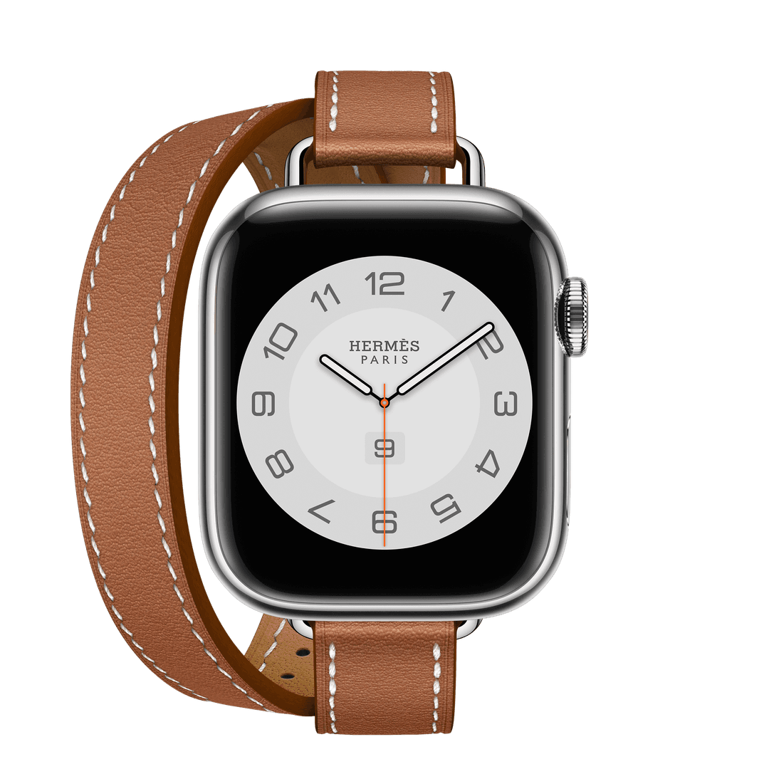 Apple Watch Hermès GPS + Cellular, 41mm 실버 스테인리스 스틸 케이스, 그리고 골드 스위프트 가죽 아뜰라주 더블 투어