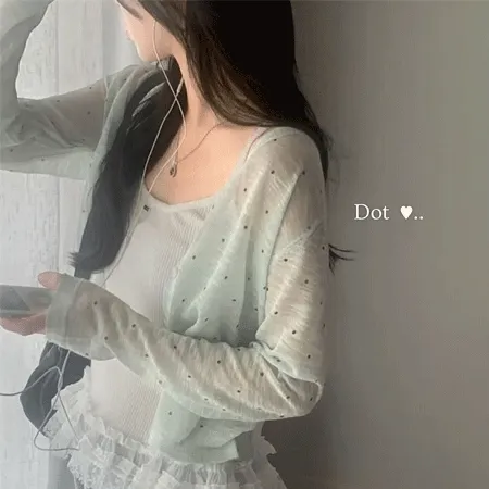 [여리보장✨/살안타🤍] 밀크 도트 시스루 브이넥 긴팔 가디건 - 4color