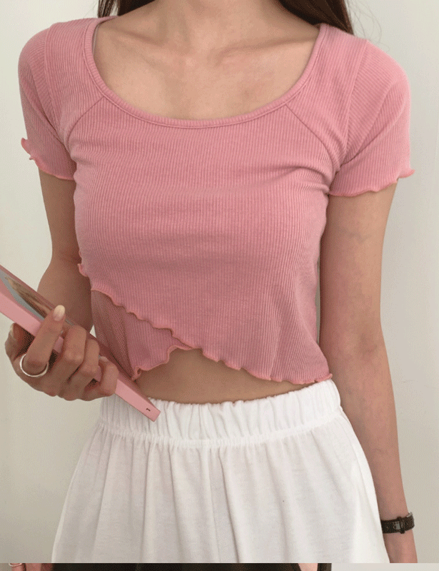 [사선물결~/여성스러움] 스퀘어넥 골지 크롭 반팔티셔츠 3color