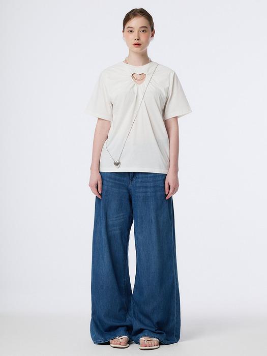 CUT OUT HEART SHIRRING T-SHIRTS(IVORY)