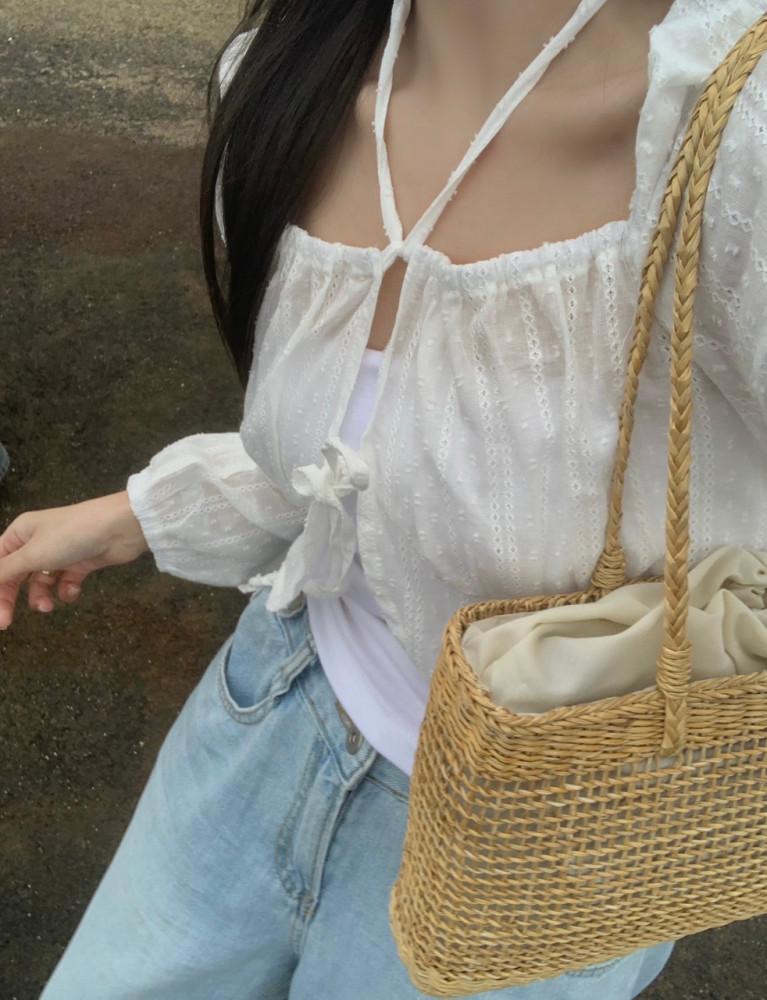 레이스 퍼프 밴딩 리본 홀터 블라우스