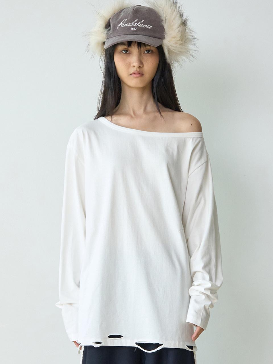 One Shoulder Distressed T-Shirts [White]