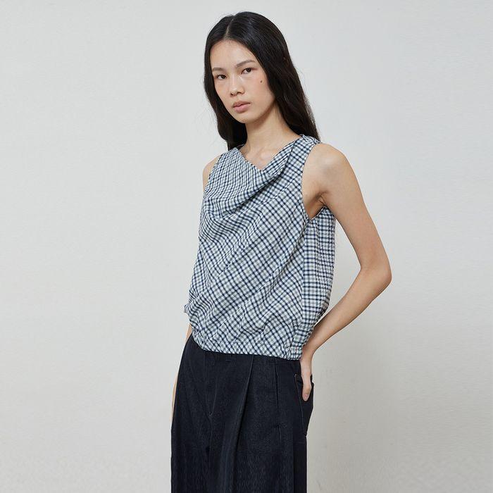 CHECK SLEEVELESS BANDING TOP - NAVY