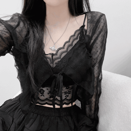 [유니크/러블리] 레이스 도트 시스루 리본 크롭 가디건 시즈니 무채색