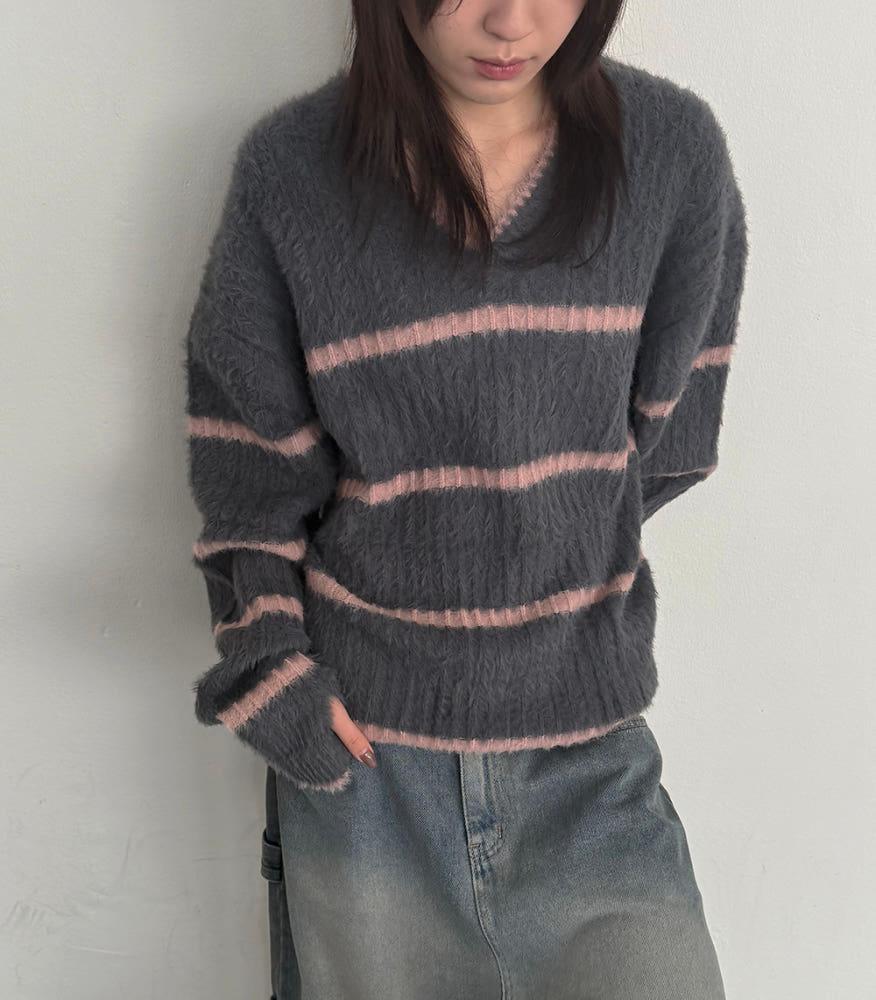 (Unisex) 타비 브이넥 핸드 워머 니트 (4color) 스트라이프 앙고라 퍼니트