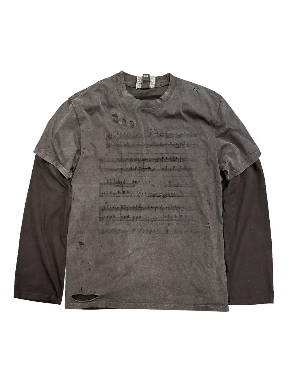 [Astonishing] Music Note Print Distressed Long Sleeve (2color)