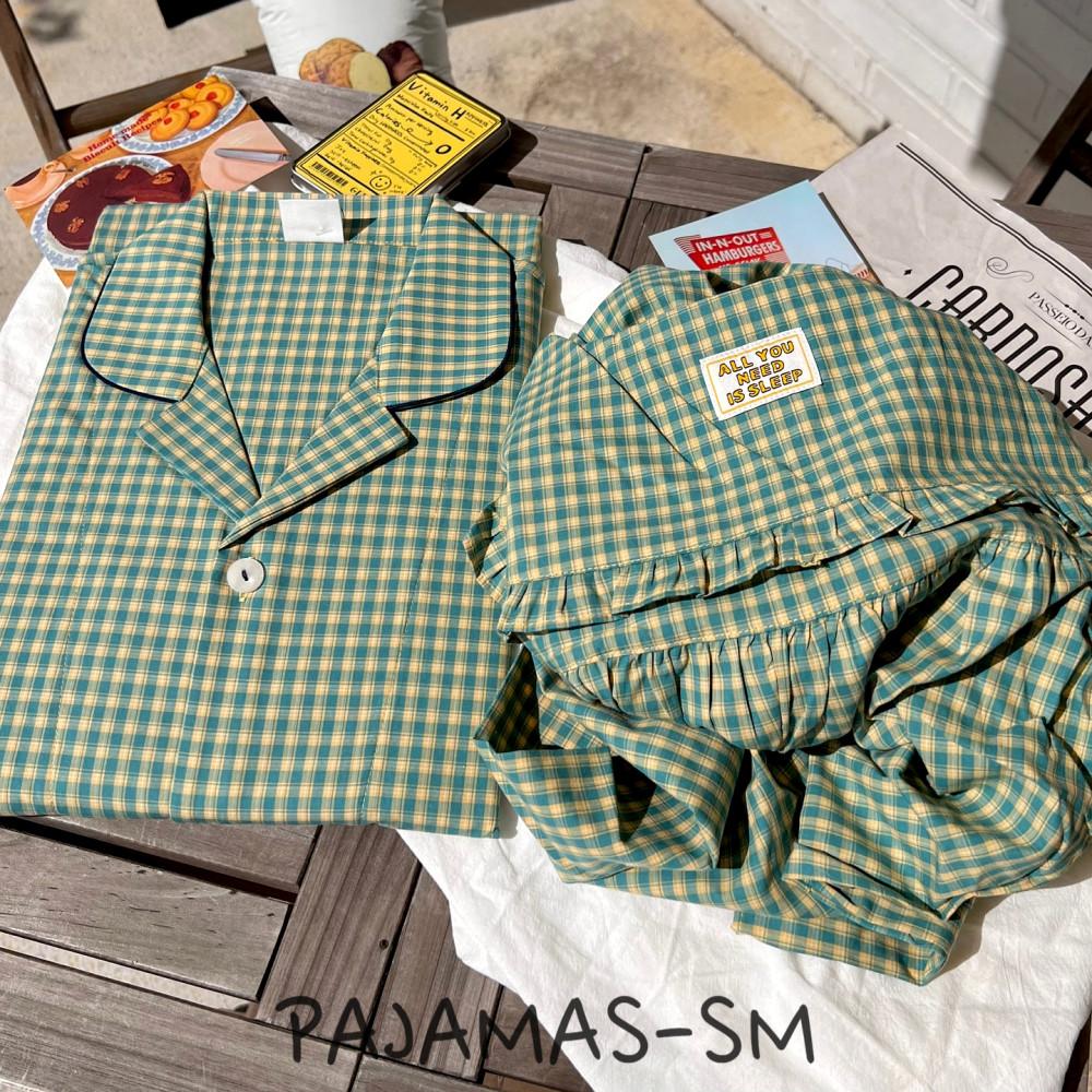 애플민트 체크 순면 커플 잠옷 파자마 세트 원피스 홈웨어 신혼 선물