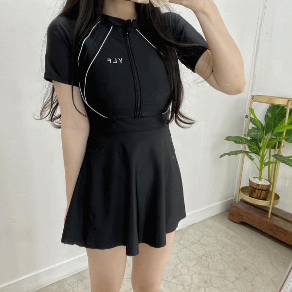 [빅사이즈] 래쉬가드 배색라인 원피스 수영복 투피스 세트