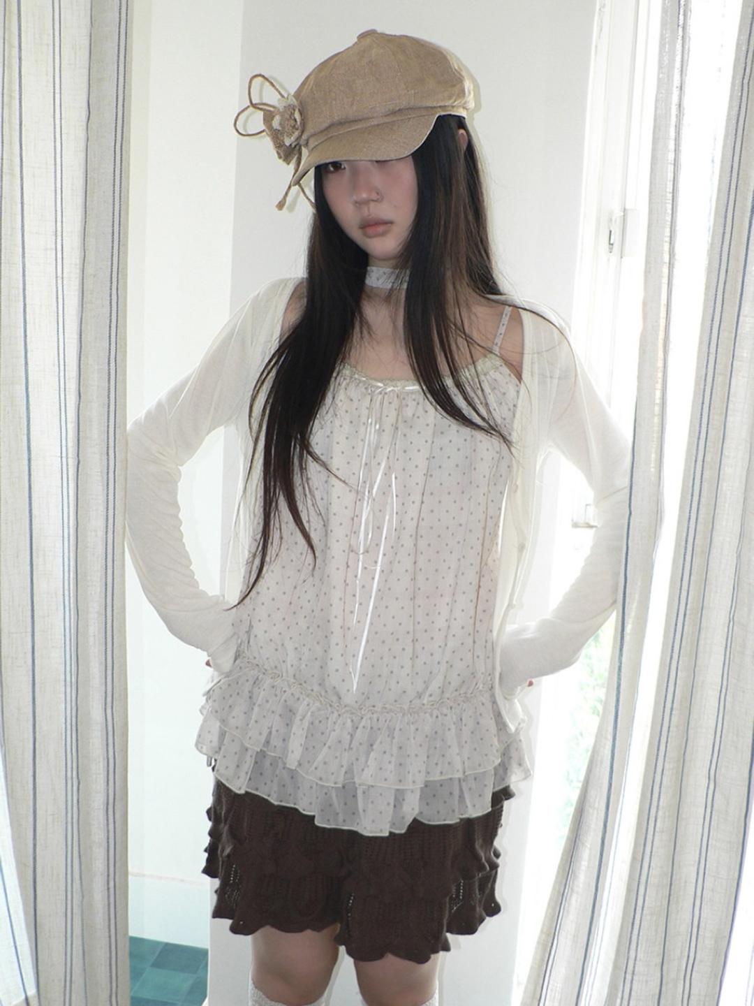 ang:project Romantic Dotted Ruffle Cami Cardigan Set (2color)