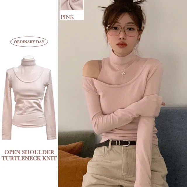 [부드러워요🩰일체형]소이 어깨 트임 원오프 슬림핏 딥라운드 반폴라 레이어드 니트 4color