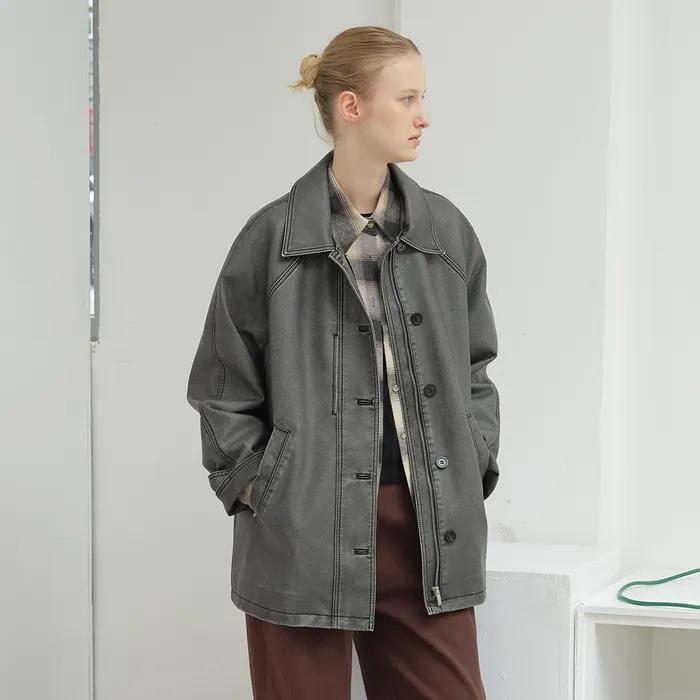 Washed Leather Balmacaan (Gray)