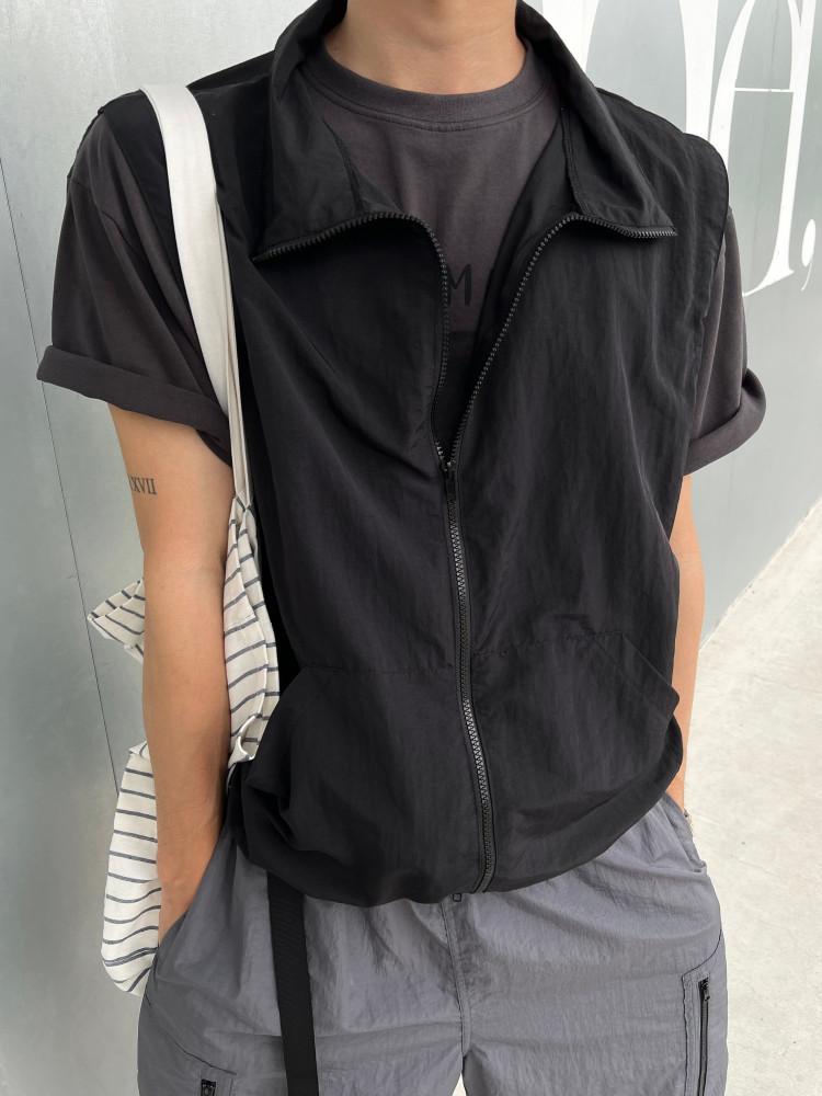 나일론 하이넥 베스트 투웨이 집업 조끼 스트링 자켓