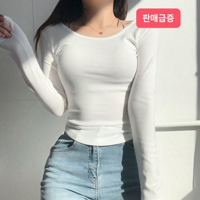 밑단U![도톰기모-/개미허리&골반깡패핏!]밑단 라운드 속기모 유넥 라운드넥 긴팔 언발 굴림 크롭 티셔츠 기본티 (5col)_리틀페어리/몸매보정 이너