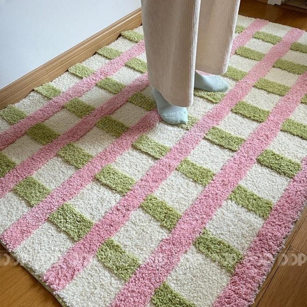 헤이유드 핑크 그린 체크 무늬 대형 러그 인테리어 카페트 100x140