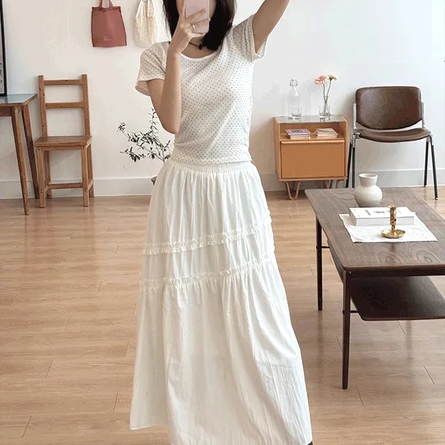 레이 언발 프릴 롱 스커트 2color