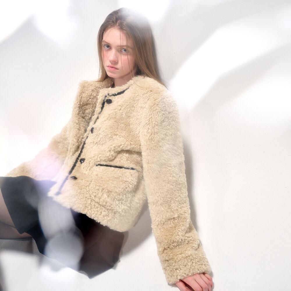 Round Trimmed Fur Coat, Beige