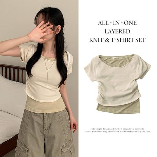 피치모드 [반팔+니트SET/여름신상🩵] 노마드 레이어드 입술넥 셔링 여리핏 크롭 반팔 니트티셔츠 투피스