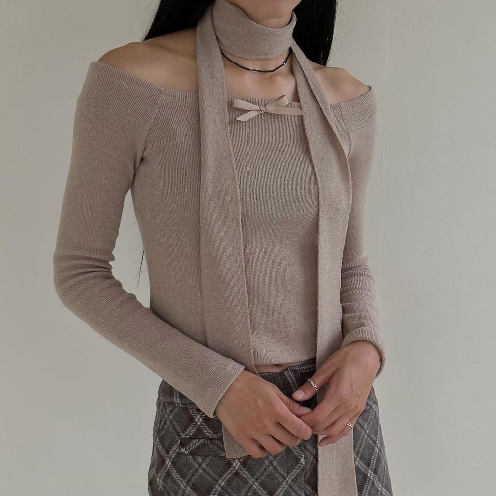 큐티 리본 오프숄더 머플러 티셔츠