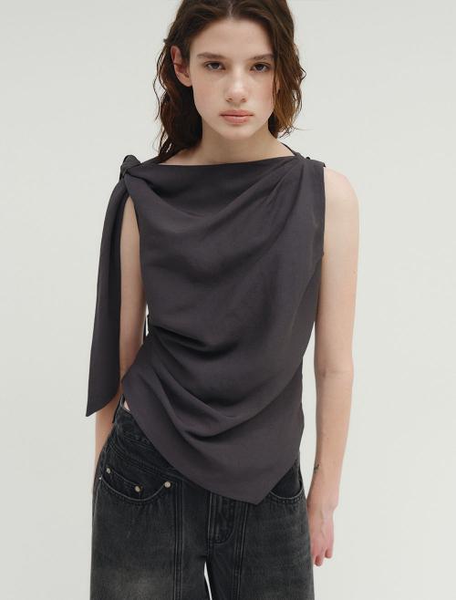 LINEN DRAPING TIED BLOUSE [DARK GREY]