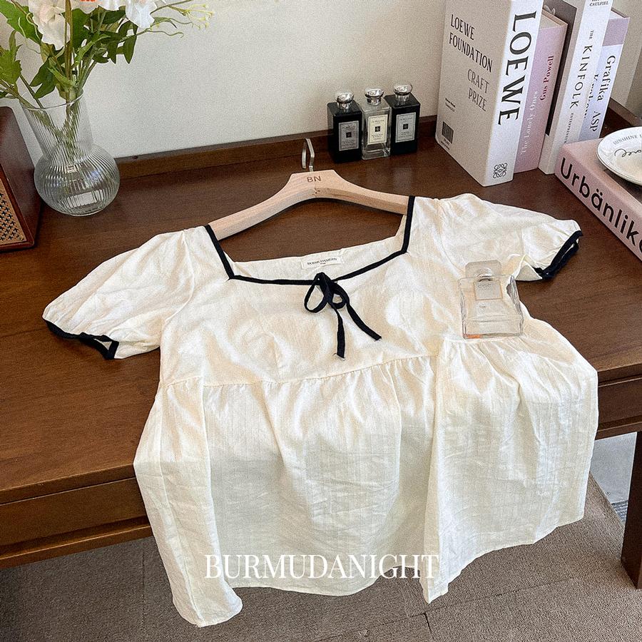 버뮤다나잇 [+긴바지ver] 아이보리 퍼프 블랙 배색 리본 공주 여름 반팔 반바지 파자마 잠옷 세트 set  #B.Night #192