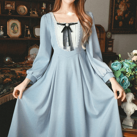 [브로치 set] 아리엘 스퀘어넥 핀턱 배색 롱 원피스 op0270