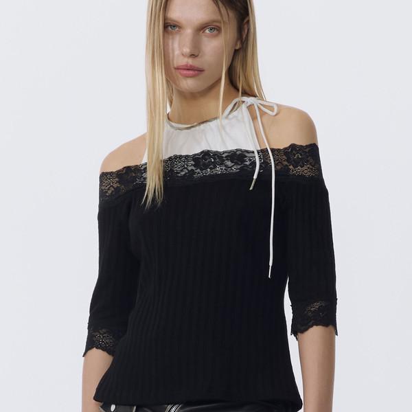 Lace Off Shoulder Layered Top (BLACK)
