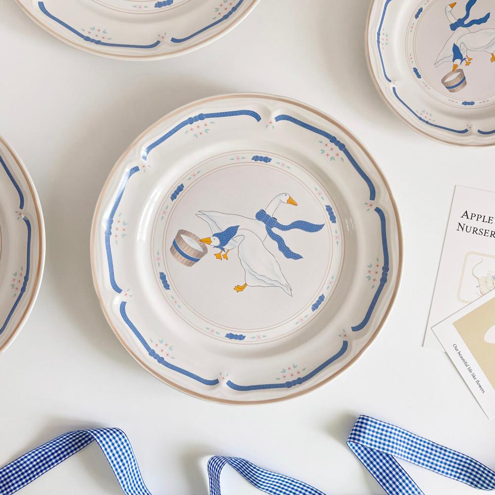 리얼 빈티지 스톤웨어 블루리본 구스 디너 사이즈 접시 / 빈티지그릇