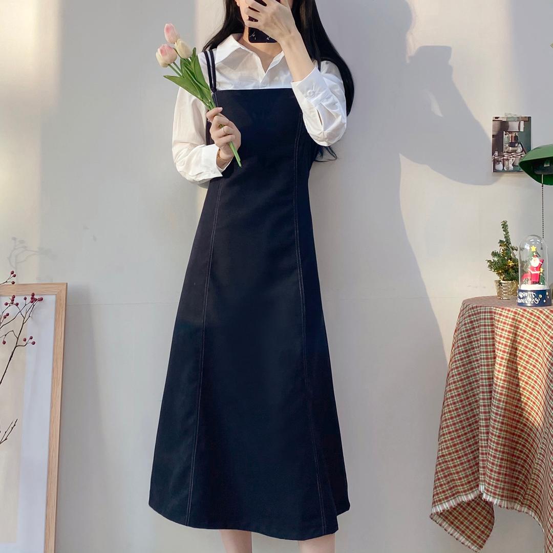 [3color] 골덴 더블 끈 플레어 스퀘어넥 뷔스티에 허리끈 롱 원피스 하객