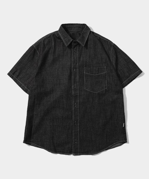 원 포켓 반팔 생지데님 와이드 셔츠 [흑청]