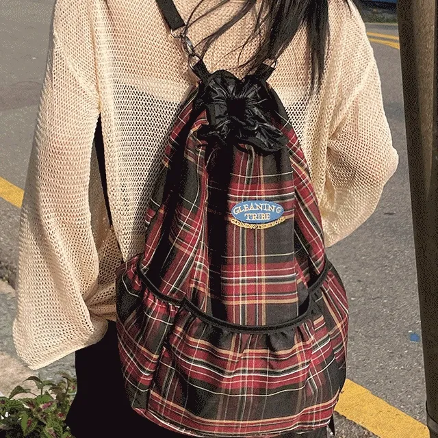 [인기👍] 체크 레터링 빈티지 힙한 스트링 백팩