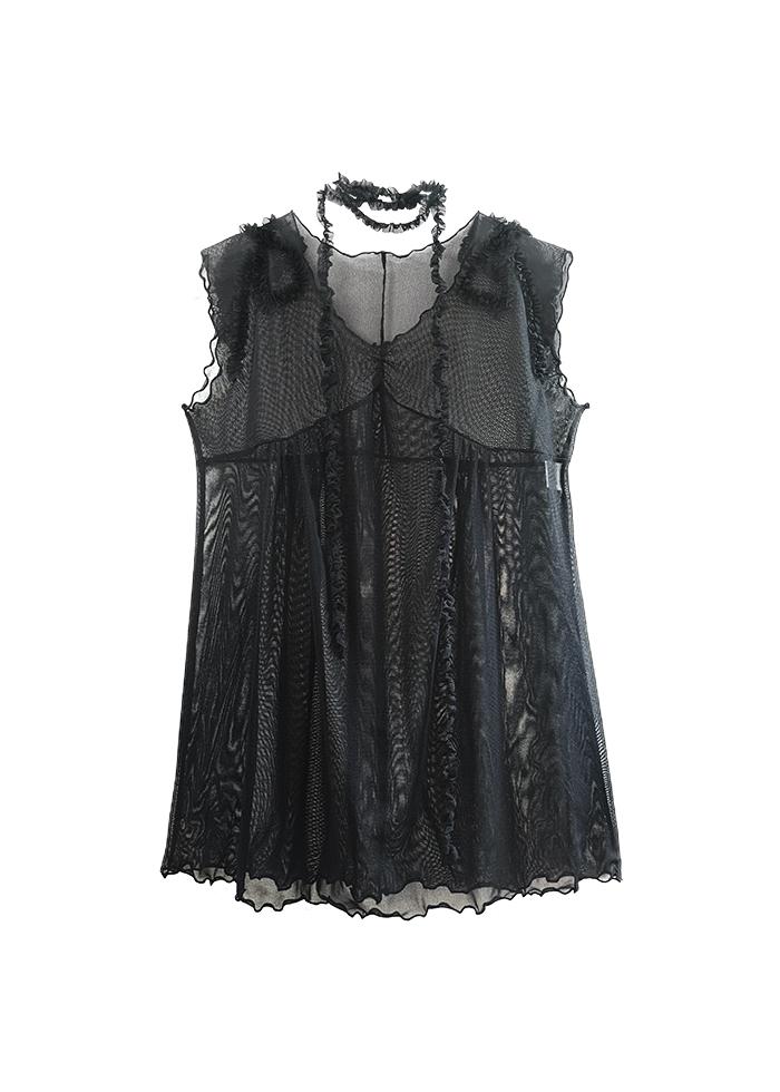 SHEER MESH RIBBON DRESS BLACK