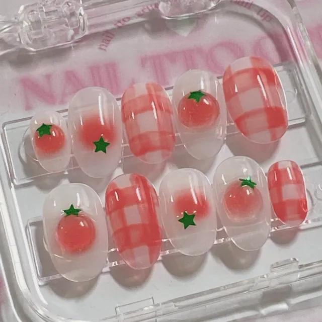 🍅 물빠진 수채화 체크 토마토 네일 수제네일팁 🍅