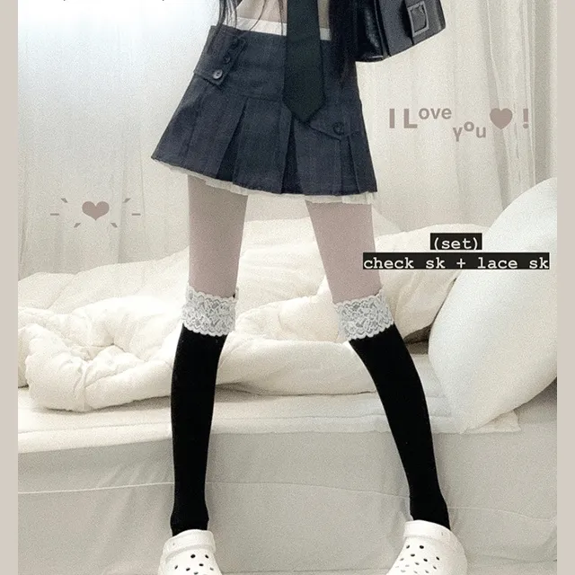 (set/2pc) 체크 사이드 덮개 단추 포인트 플리츠 주름 테니스 포켓 주머니 a라인 미니 스커트 + 레이스 플리츠 밴딩 레이어드 속바지 속치마 미니 스커트 투피스 세트