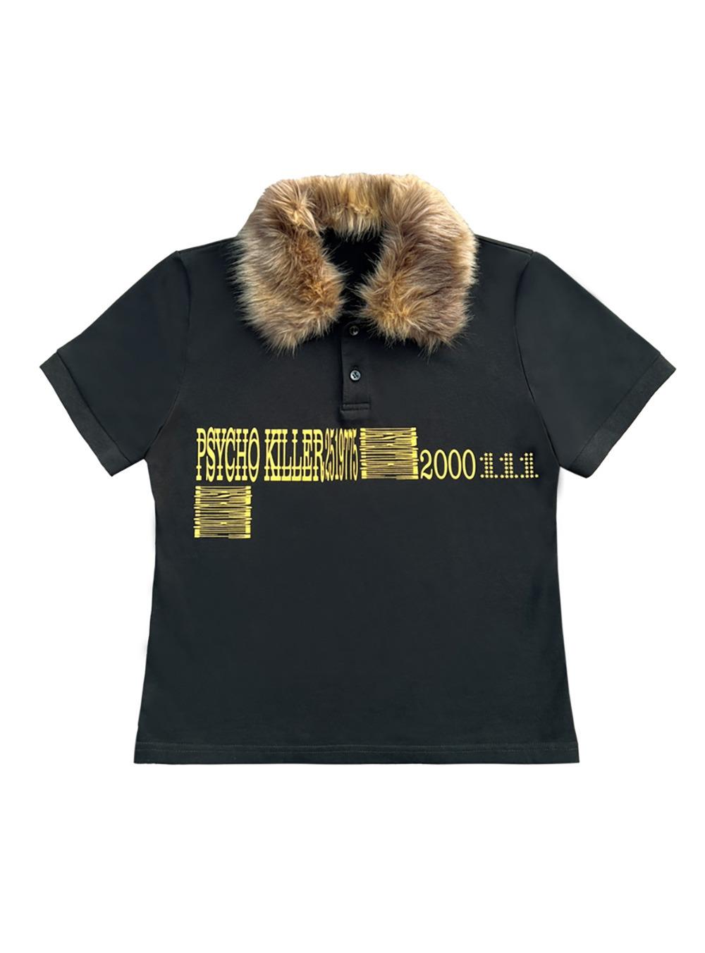Faux Fur Collar Graphic Polo Shirt
