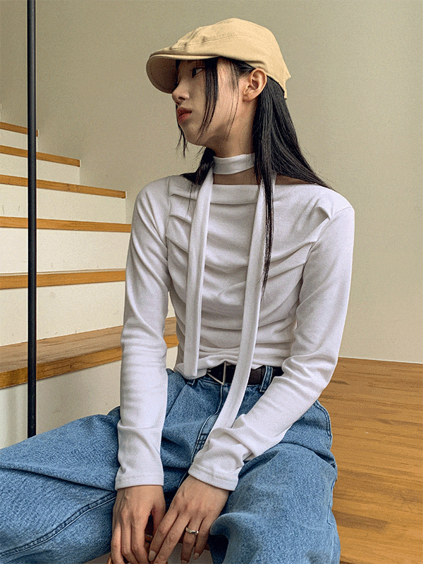 레트릭 셔링 오프숄더 언발 머플러 티셔츠세트