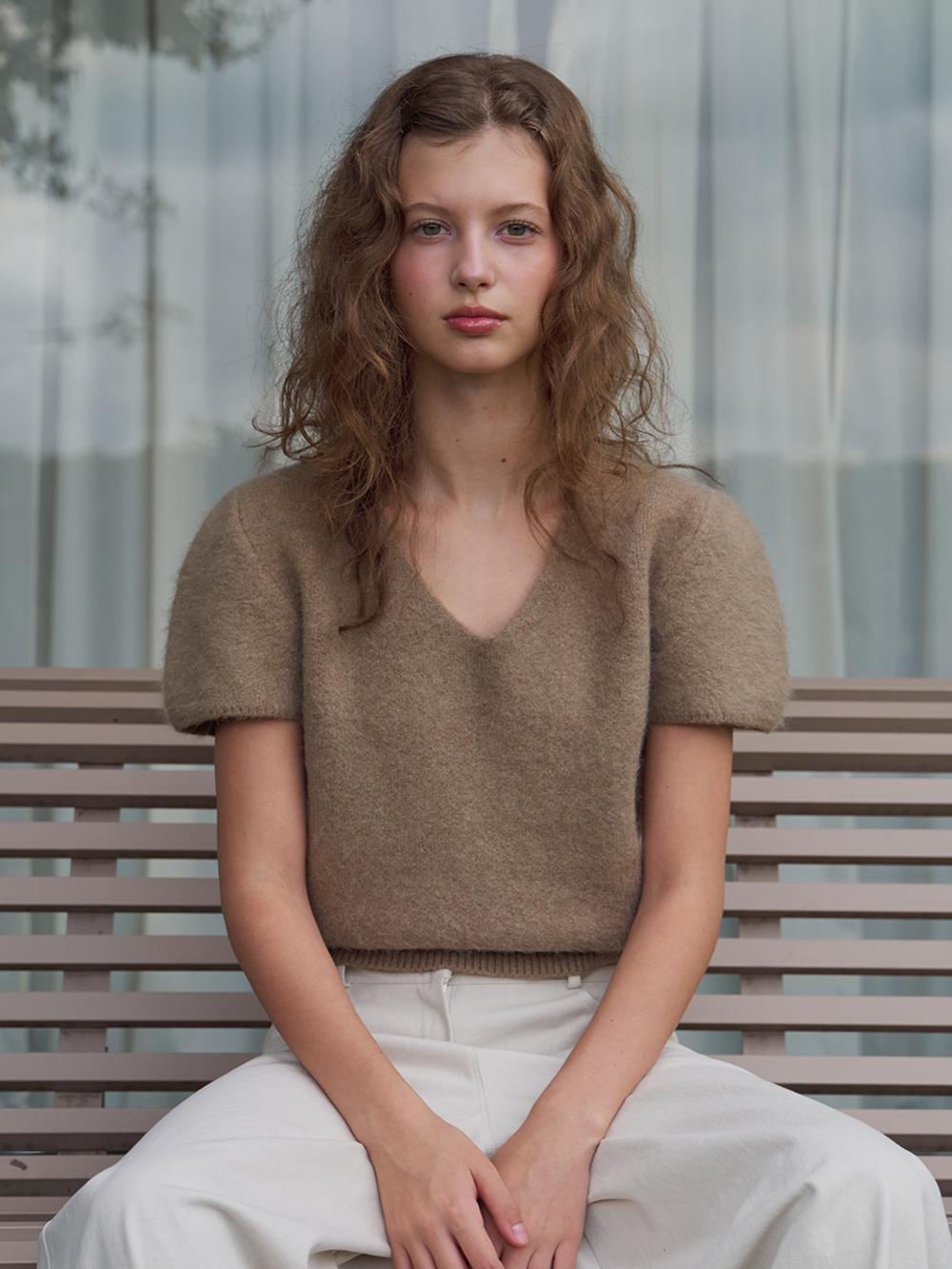 Angora Half-Sleeve Knit Sweater [Brown]