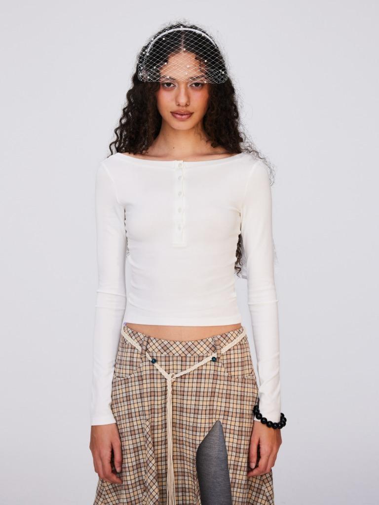 Back V-neck Back Open Handmade Ribbon Long Sleeve T-shirt