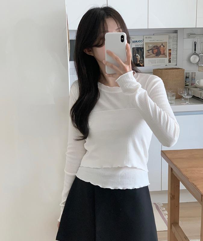 스프링샌드 [가을신상🍂당일출고] 여리 슬림 골지 프릴 긴팔 티셔츠 4col (가을긴팔티/가을티셔츠/레이어드/뷔스티에)